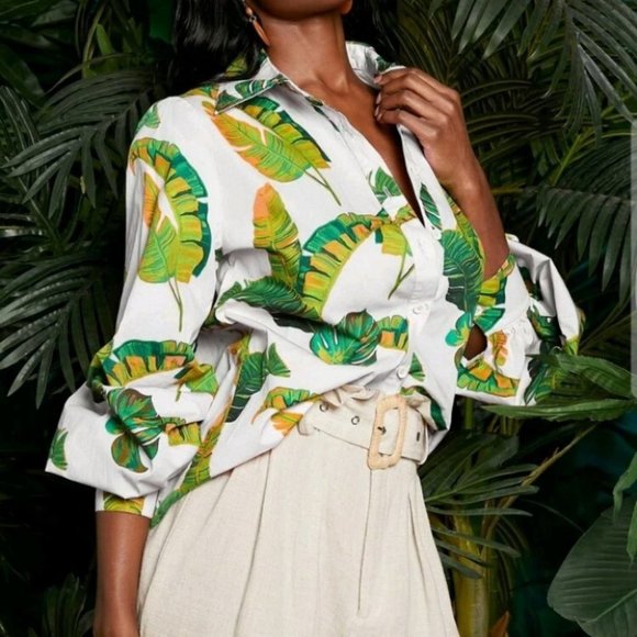 WHITE PALM BUTTON DOWN PANTERN SLEEVE SHIRT SUMMER VACAY - Picture 4 of 6